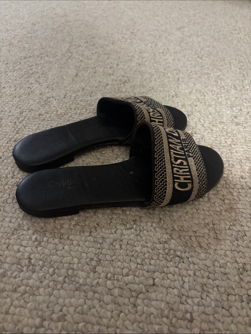 Black and Beige Logo Slide Sandals
